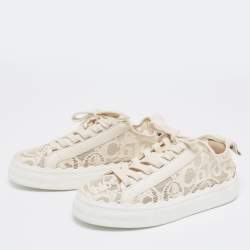 Pre Owned Chloe Cream Lace And Leather Lauren Lace Up Sneakers Size 37