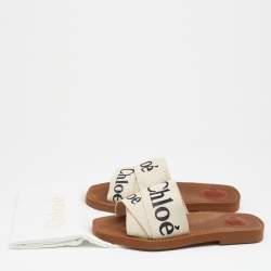 Chloé Off White Canvas Logo Ribbon Woody Flat Sandals Size 36