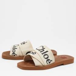 Chloé Off White Canvas Logo Ribbon Woody Flat Sandals Size 36