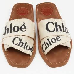 Chloé Off White Canvas Logo Ribbon Woody Flat Sandals Size 36