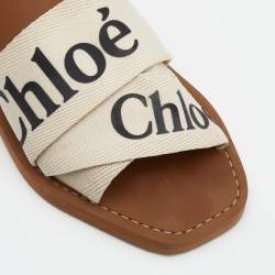 Chloé Off White Canvas Logo Ribbon Woody Flat Sandals Size 36