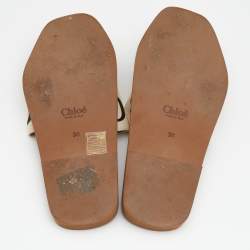Chloé Off White Canvas Logo Ribbon Woody Flat Sandals Size 36