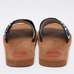 Pre Owned Chloe Black Canvas Logo Ribbon Woody Flat Sandals Size 41