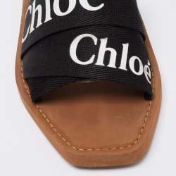 Pre Owned Chloe Black Canvas Logo Ribbon Woody Flat Sandals Size 41