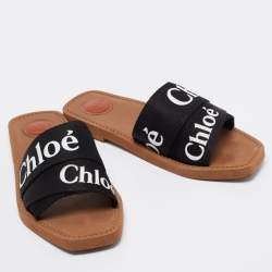 Pre Owned Chloe Black Canvas Logo Ribbon Woody Flat Sandals Size 41