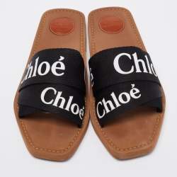 Pre Owned Chloe Black Canvas Logo Ribbon Woody Flat Sandals Size 41