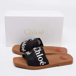 Pre Owned Chloe Black Canvas Logo Ribbon Woody Flat Sandals Size 41
