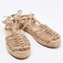 Pre Owned Chloe Beige Knotted Leather Ankle-Tie Flat Espadrilles Sandals Size 36