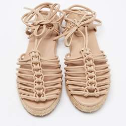 Pre Owned Chloe Beige Knotted Leather Ankle-Tie Flat Espadrilles Sandals Size 36