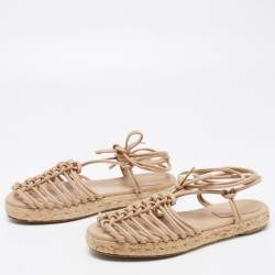 Pre Owned Chloe Beige Knotted Leather Ankle-Tie Flat Espadrilles Sandals Size 36