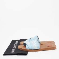 Pre Owned Chloe Blue Canvas Logo Ribbon Woody Flat Slide Sandals Size 37