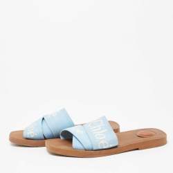 Pre Owned Chloe Blue Canvas Logo Ribbon Woody Flat Slide Sandals Size 37