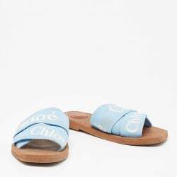 Pre Owned Chloe Blue Canvas Logo Ribbon Woody Flat Slide Sandals Size 37