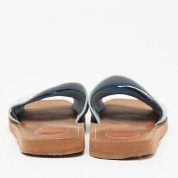 Pre Owned Chloe Blue Canvas Logo Ribbon Woody Flat Slide Sandals Size 37