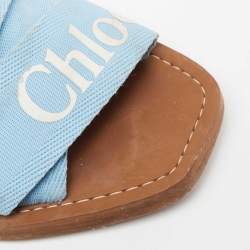 Pre Owned Chloe Blue Canvas Logo Ribbon Woody Flat Slide Sandals Size 37