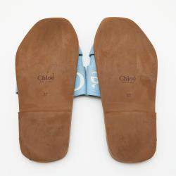 Pre Owned Chloe Blue Canvas Logo Ribbon Woody Flat Slide Sandals Size 37