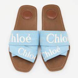 Pre Owned Chloe Blue Canvas Logo Ribbon Woody Flat Slide Sandals Size 37
