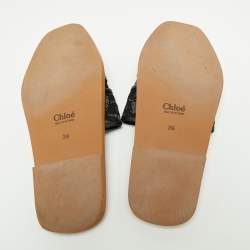 Pre Owned Chloe Black Lace and Leather Trim Woody Flat Slides Size 39