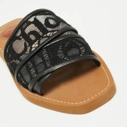 Pre Owned Chloe Black Lace and Leather Trim Woody Flat Slides Size 39