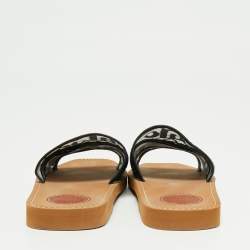 Pre Owned Chloe Black Lace and Leather Trim Woody Flat Slides Size 39