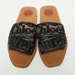 Pre Owned Chloe Black Lace and Leather Trim Woody Flat Slides Size 39