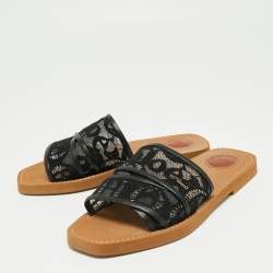 Pre Owned Chloe Black Lace and Leather Trim Woody Flat Slides Size 39