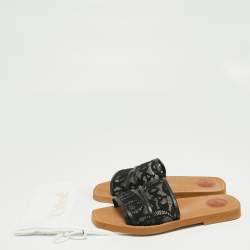 Pre Owned Chloe Black Lace and Leather Trim Woody Flat Slides Size 39