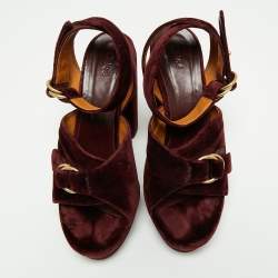 Chloe Dark Burgundy Block Heel Cross Strap Platform Sandals Size 40