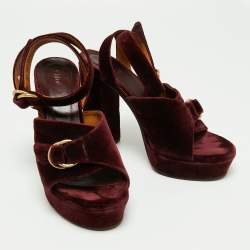 Chloe Dark Burgundy Block Heel Cross Strap Platform Sandals Size 40