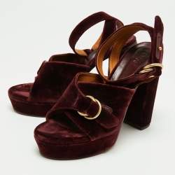 Chloe Dark Burgundy Block Heel Cross Strap Platform Sandals Size 40