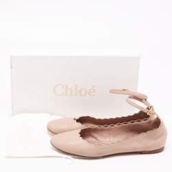 Pre Owned Chloe Beige Leather Lauren Scalloped Ankle Strap Ballet Flats Size 37