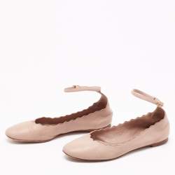 Pre Owned Chloe Beige Leather Lauren Scalloped Ankle Strap Ballet Flats Size 37