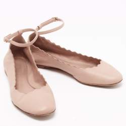 Pre Owned Chloe Beige Leather Lauren Scalloped Ankle Strap Ballet Flats Size 37