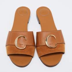 Pre Owned Chloe Brown Suede And Leather Flat Sandals Size 40.5