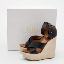 Chloe Black Leather Crisscross Platform Wedge Ankle Strap Sandals Size 38