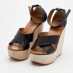 Chloe Black Leather Crisscross Platform Wedge Ankle Strap Sandals Size 38