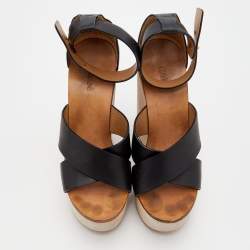 Chloe Black Leather Crisscross Platform Wedge Ankle Strap Sandals Size 38