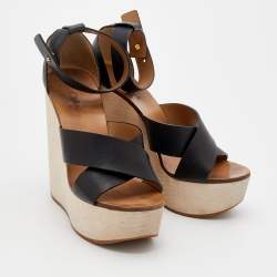Chloe Black Leather Crisscross Platform Wedge Ankle Strap Sandals Size 38