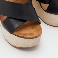Chloe Black Leather Crisscross Platform Wedge Ankle Strap Sandals Size 38