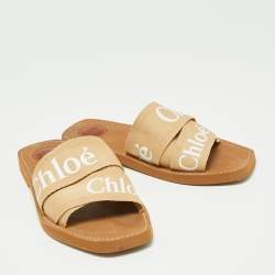 Chloe Beige Canvas Woody Logo Flat Slides Size 41