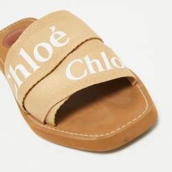 Chloe Beige Canvas Woody Logo Flat Slides Size 41