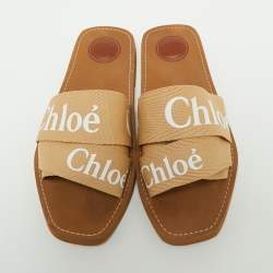 Chloe Beige Canvas Woody Logo Flat Slides Size 41