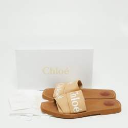 Chloe Beige Canvas Woody Logo Flat Slides Size 41