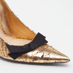 Chloe Metallic Gold Python Leather Bow Detail Pointed Toe Pumps Size 38.5