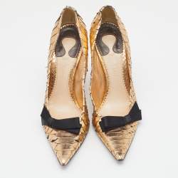 حذاء كعب عالي كلوي جلد ثعبان ذهبي ميتاليك بفيونكة ومقدمة مدببة مقاس 38.5