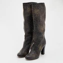Pre Owned Chloe Black Leather Embellished Knee Length Boots Size 37