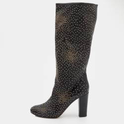 Pre Owned Chloe Black Leather Embellished Knee Length Boots Size 37