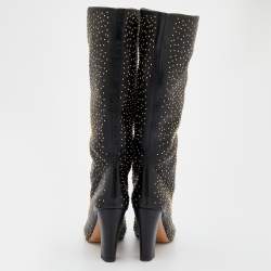 Pre Owned Chloe Black Leather Embellished Knee Length Boots Size 37