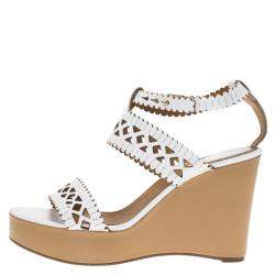 Pre Owned Chloe White Cutout Leather Platform Wedge Sandals Size 40