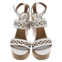 Pre Owned Chloe White Cutout Leather Platform Wedge Sandals Size 40